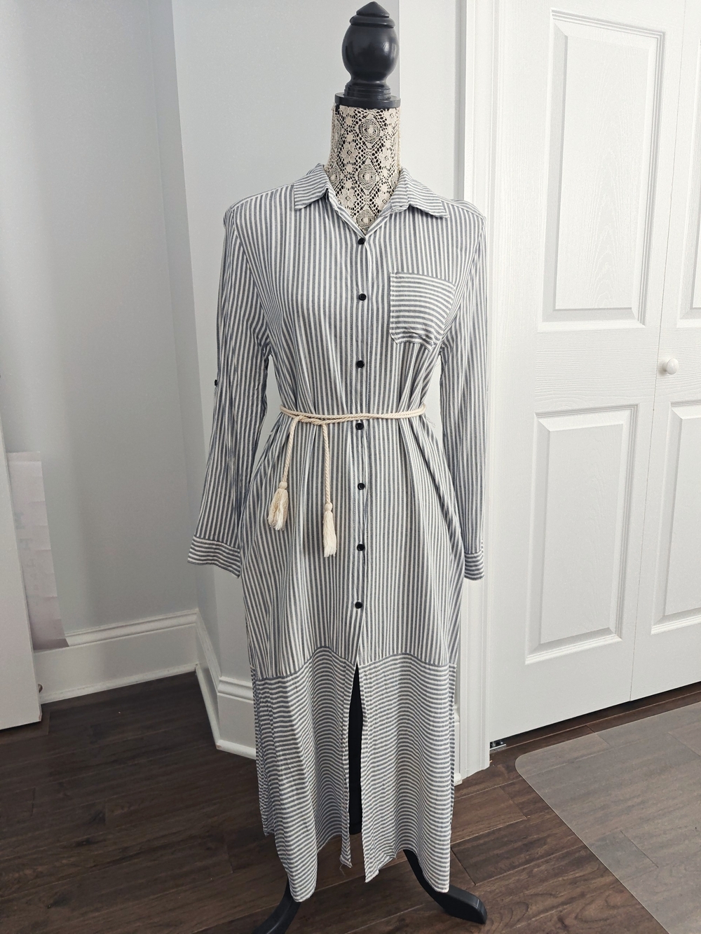 Dress Forum Striped Long Shirt Dress with Tassel Belt Small